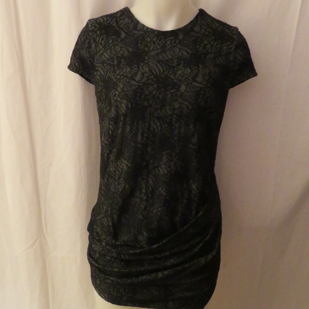 DOO RI BLACK LACE GRAY LINED CAP SLEEVE DRESS SZ 4